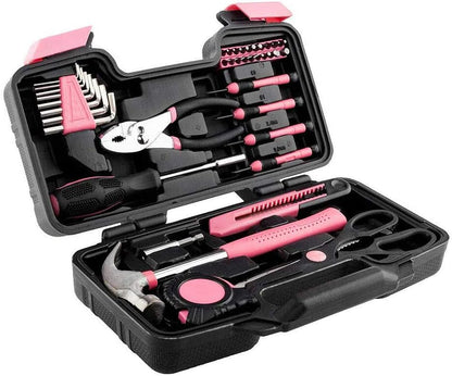 Small Homeowner Tool Set,39 Pieces General Household DIY Repair Hand Tool Kit with Plastic Tool box Storage Case,Household Machinery Repair Kit,Daily Home Maintenance (Pink)