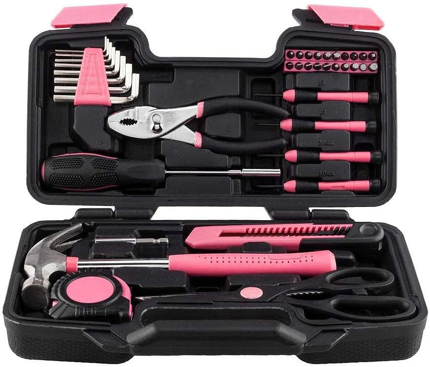 Small Homeowner Tool Set,39 Pieces General Household DIY Repair Hand Tool Kit with Plastic Tool box Storage Case,Household Machinery Repair Kit,Daily Home Maintenance (Pink)