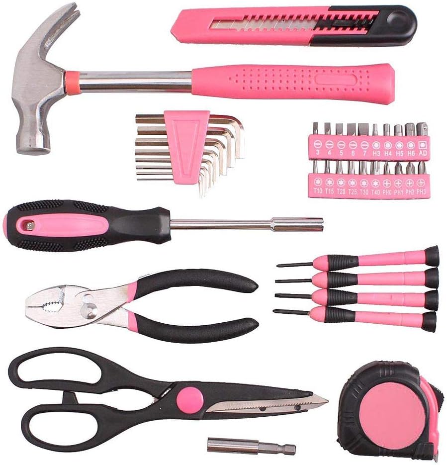 Small Homeowner Tool Set,39 Pieces General Household DIY Repair Hand Tool Kit with Plastic Tool box Storage Case,Household Machinery Repair Kit,Daily Home Maintenance (Pink)