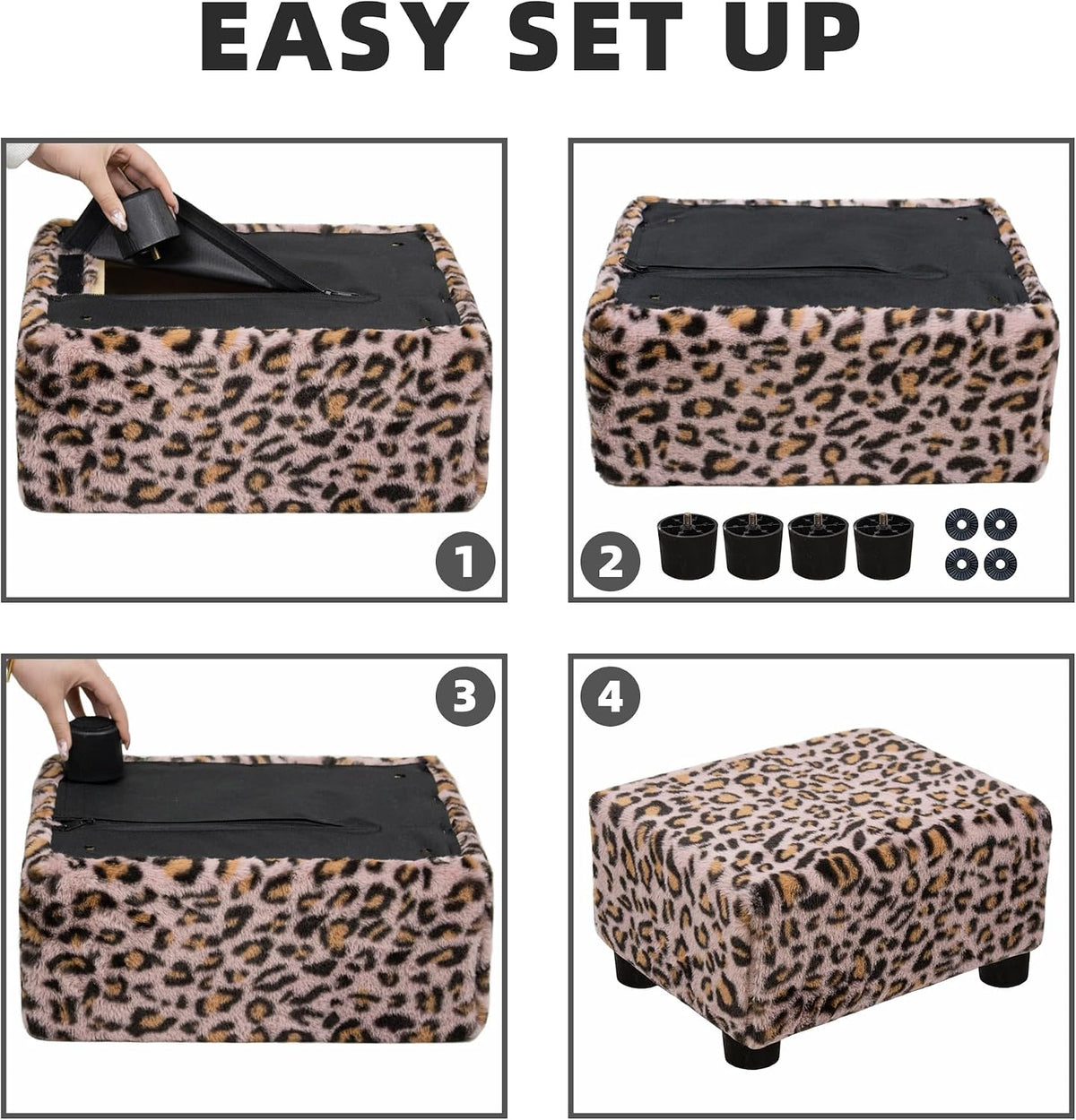 Small Foot Stool Ottoman Footstool with Legs Under Desk Footrest for Living Room Bedroom and Office, Faux Fur Pink