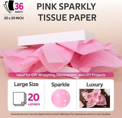 36 Sheets Glitter Pink Tissue Paper for Gift Bags – 20 x 20 inch Sparkling Wrapping Tissue for Crafts & Party Packaging