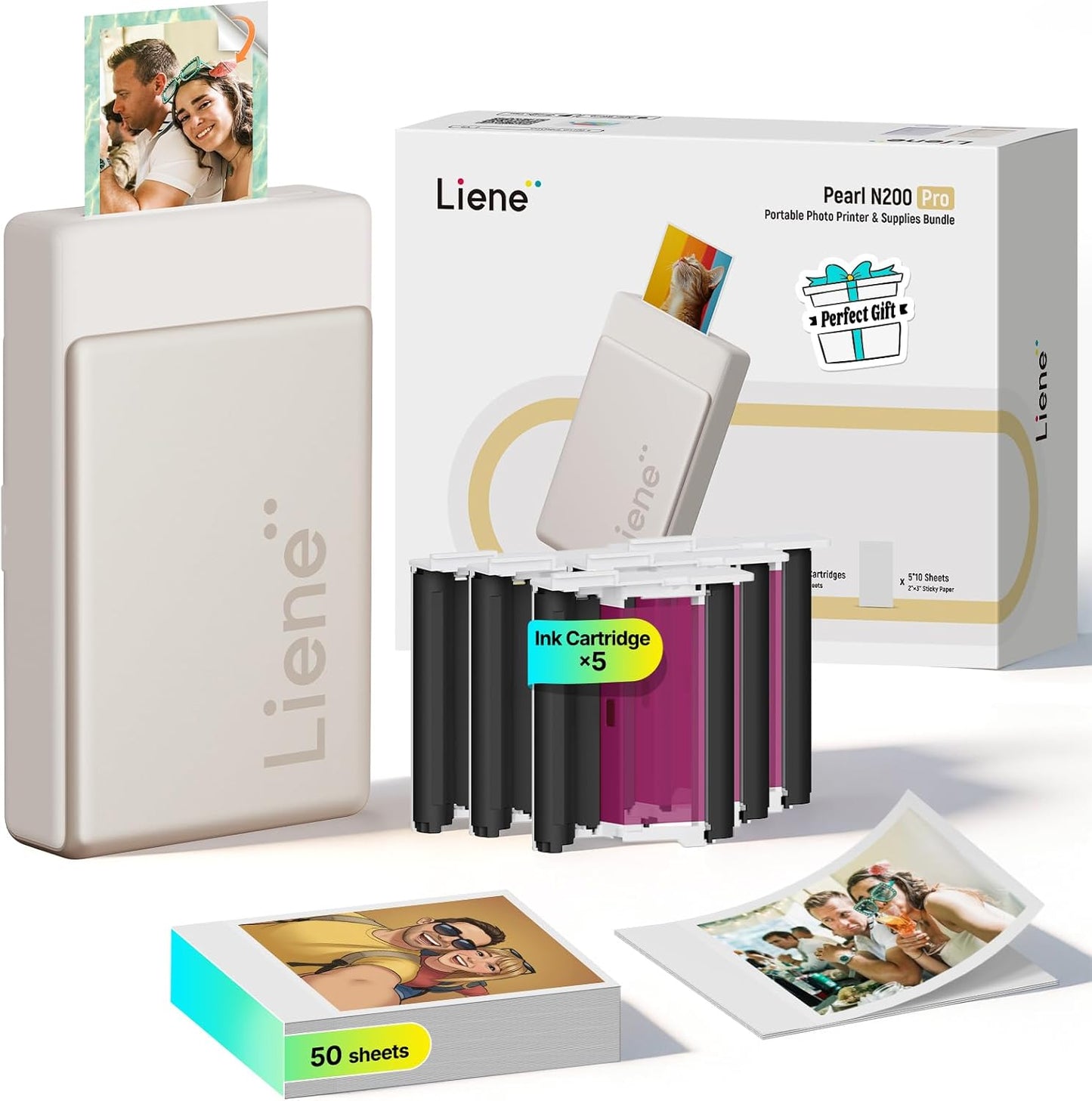 Pearl N200 Pro Portable Photo Printer, Instant Mini Picture Printer for iPhone Smartphone, Thermal Dye Sublimation, Bluetooth Sticker Printer 50 Sheets 2x3 Adhesive Paper & 5 Cartridges, Gold