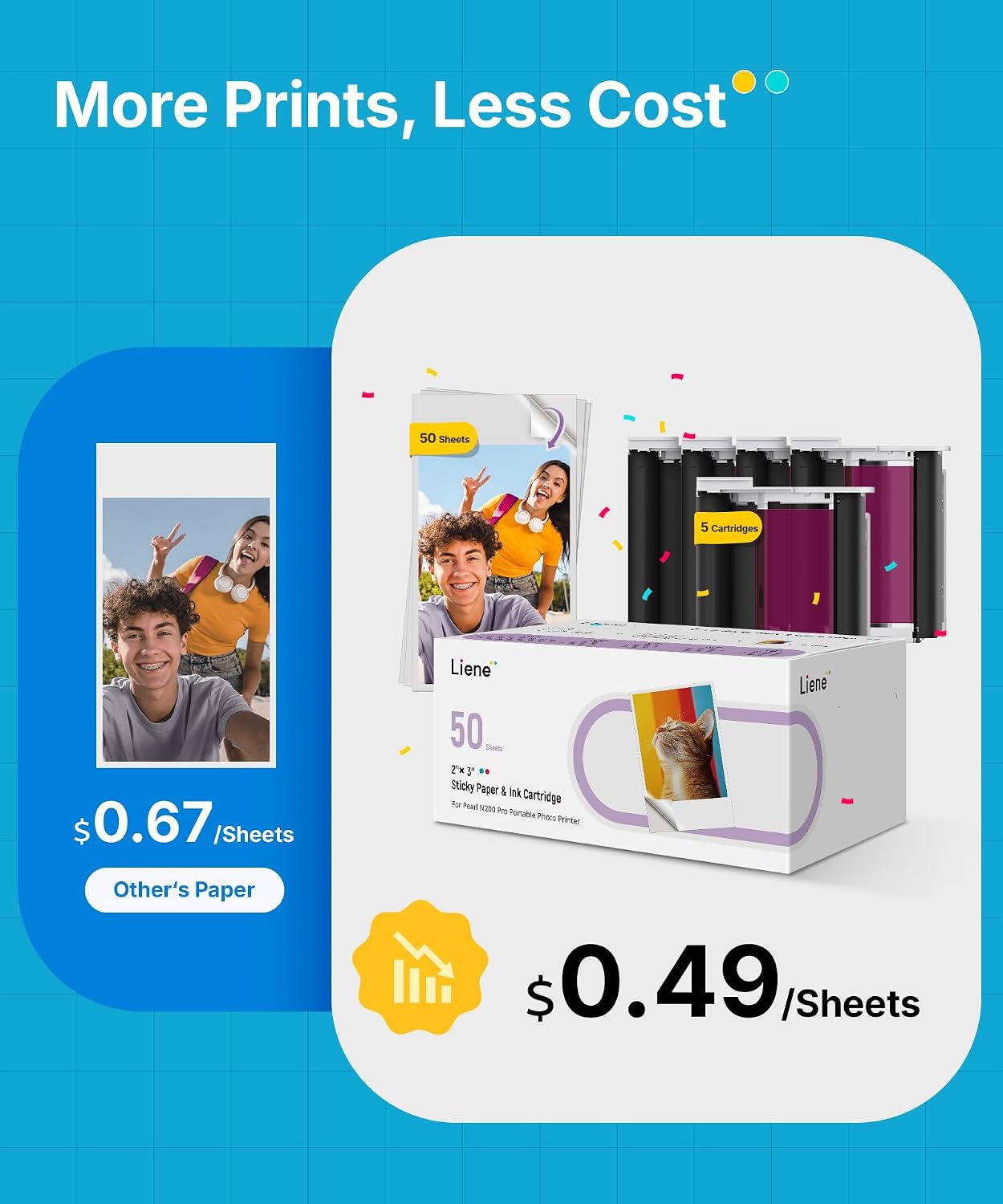 Pearl N200 Pro Portable Photo Printer, Instant Mini Picture Printer for iPhone Smartphone, Thermal Dye Sublimation, Bluetooth Sticker Printer 50 Sheets 2x3 Adhesive Paper & 5 Cartridges, Gold