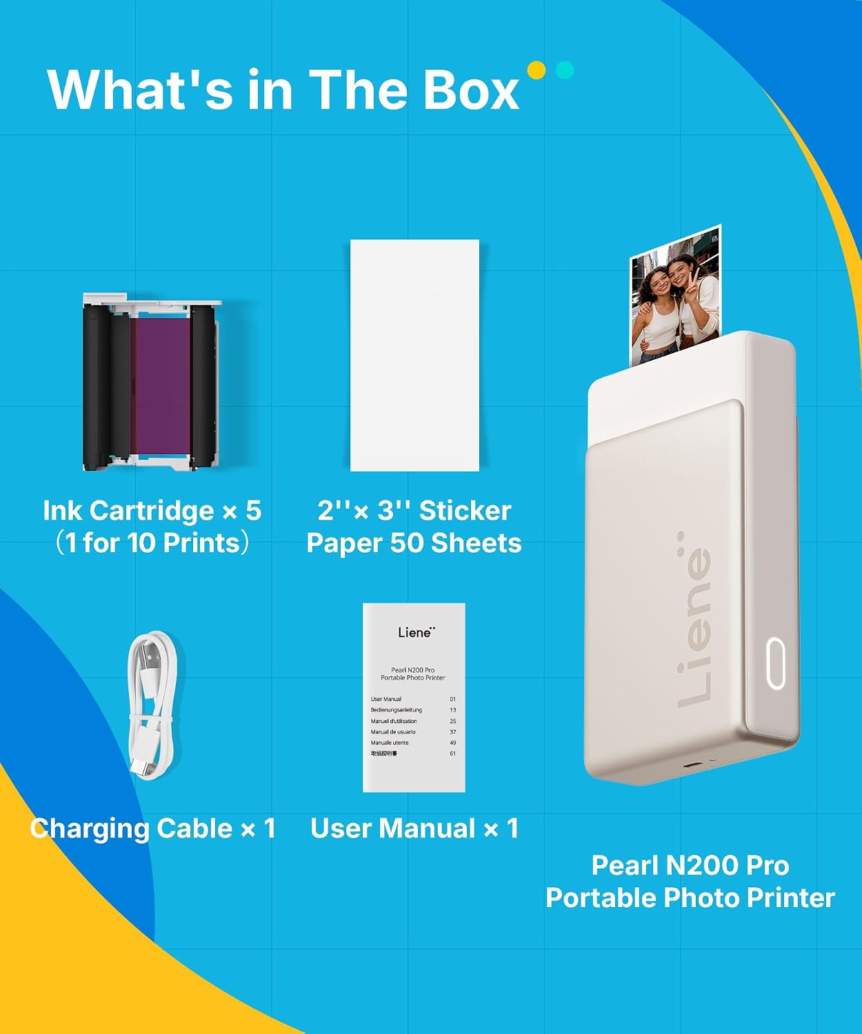 Pearl N200 Pro Portable Photo Printer, Instant Mini Picture Printer for iPhone Smartphone, Thermal Dye Sublimation, Bluetooth Sticker Printer 50 Sheets 2x3 Adhesive Paper & 5 Cartridges, Gold