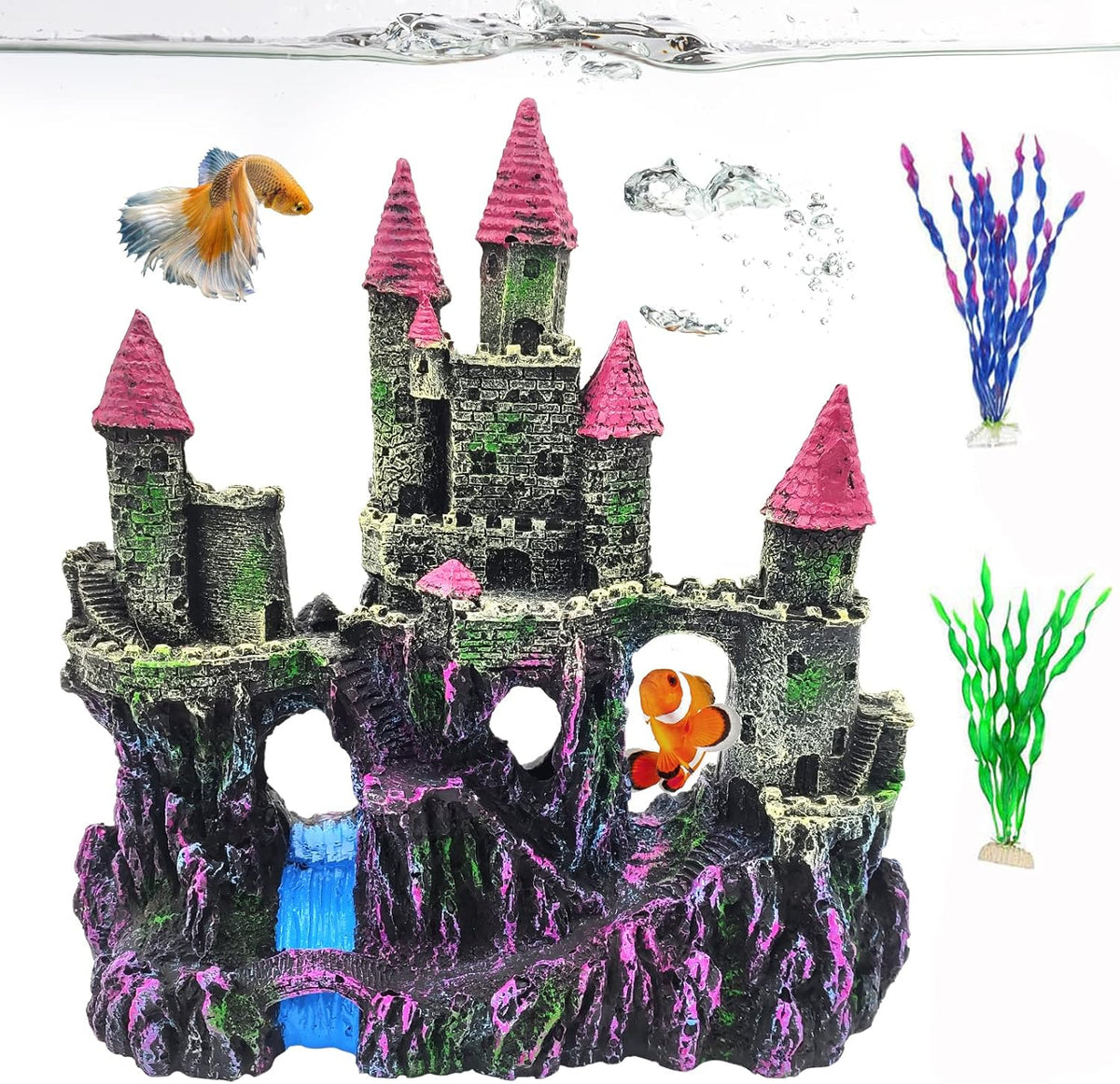 Aquarium Resin Castle Decoration,Fish Tank Driftwood Castle Cave Hideouts House Plants Supplies Accessories(Pink)
