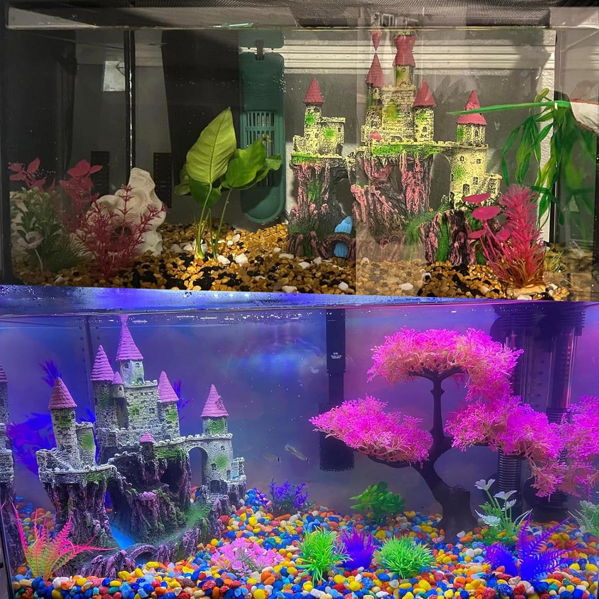 Aquarium Resin Castle Decoration,Fish Tank Driftwood Castle Cave Hideouts House Plants Supplies Accessories(Pink)