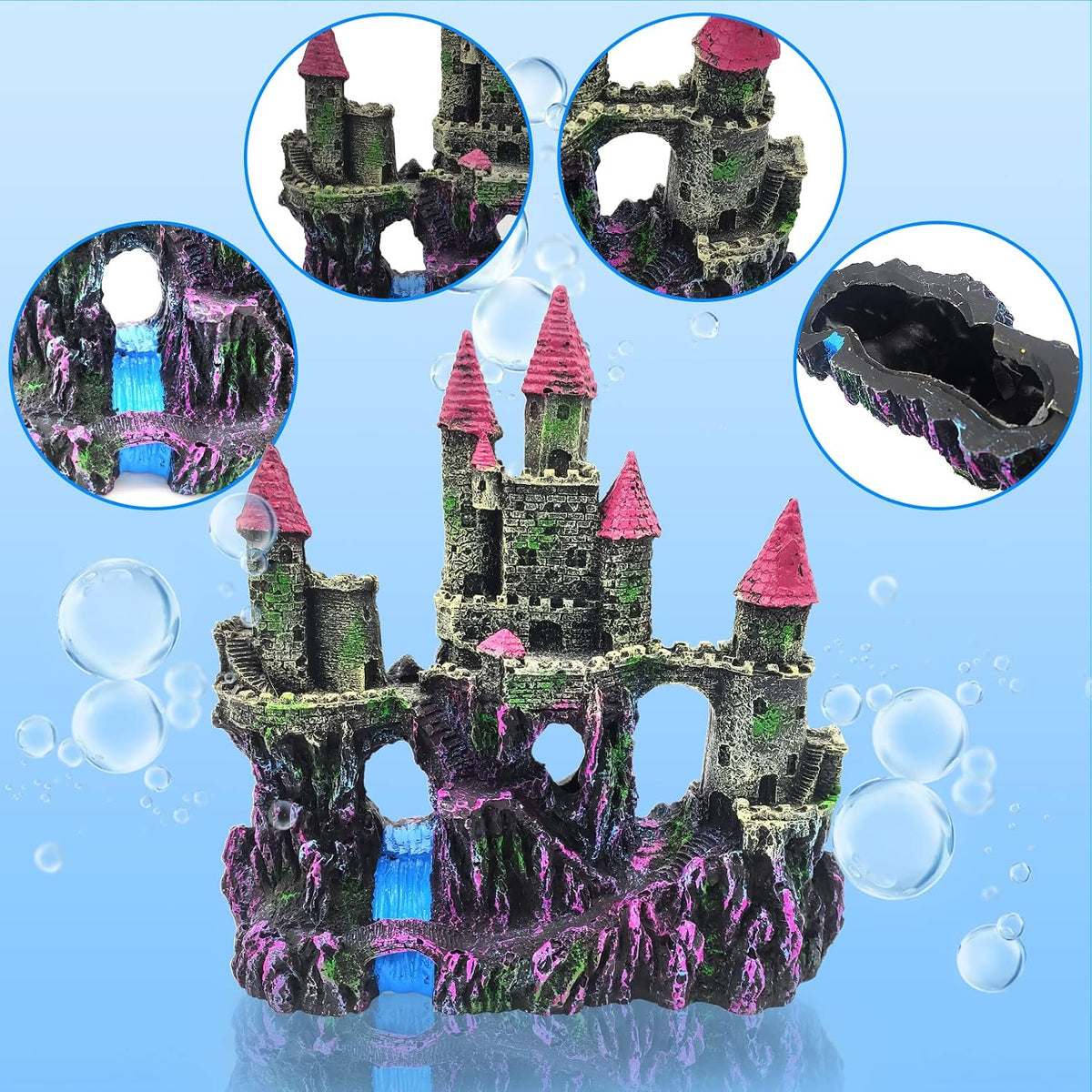 Aquarium Resin Castle Decoration,Fish Tank Driftwood Castle Cave Hideouts House Plants Supplies Accessories(Pink)