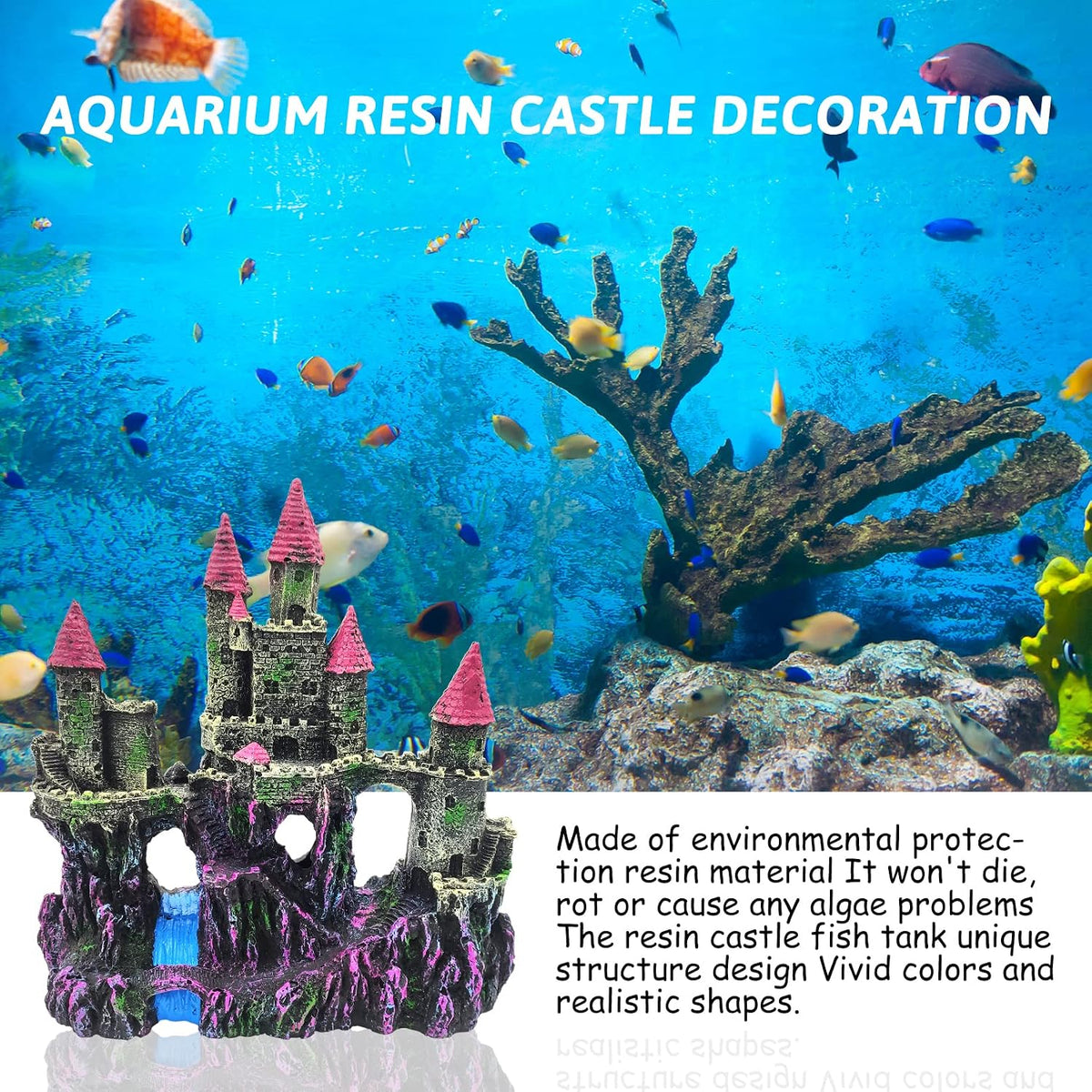 Aquarium Resin Castle Decoration,Fish Tank Driftwood Castle Cave Hideouts House Plants Supplies Accessories(Pink)