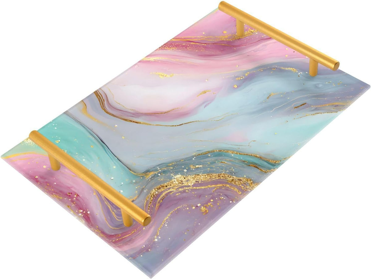 Teal Pink Marble Texture Bathroom Perfume Vanity Tray Acrylic Serving Tray with Handles Decorative Party Platters for Coffee Tea Table Kitchen Countertop