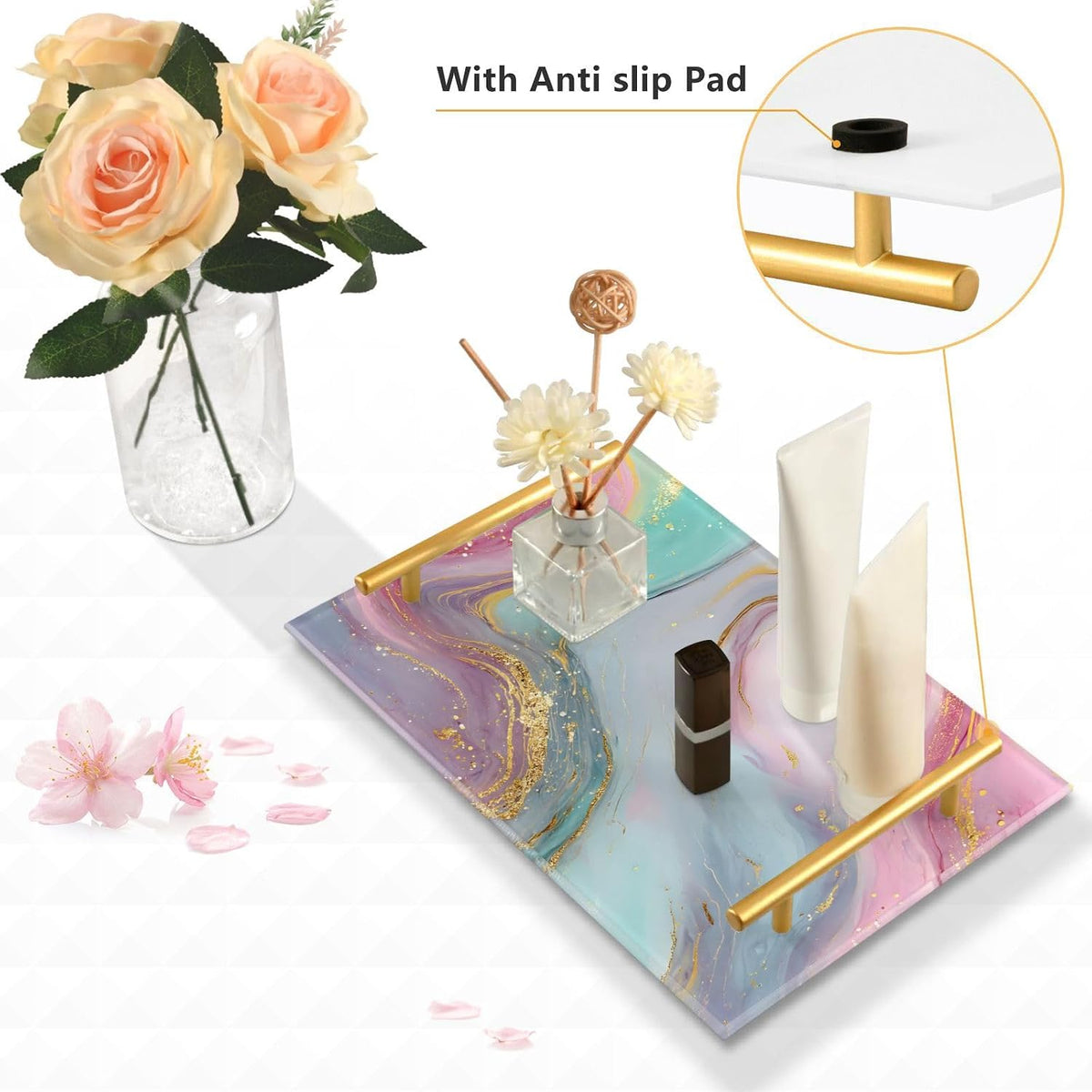 Teal Pink Marble Texture Bathroom Perfume Vanity Tray Acrylic Serving Tray with Handles Decorative Party Platters for Coffee Tea Table Kitchen Countertop