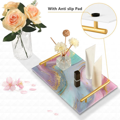 Teal Pink Marble Texture Bathroom Perfume Vanity Tray Acrylic Serving Tray with Handles Decorative Party Platters for Coffee Tea Table Kitchen Countertop