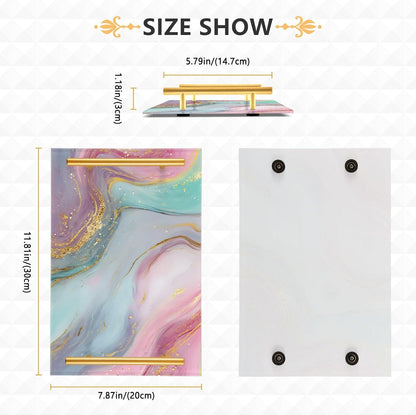 Teal Pink Marble Texture Bathroom Perfume Vanity Tray Acrylic Serving Tray with Handles Decorative Party Platters for Coffee Tea Table Kitchen Countertop