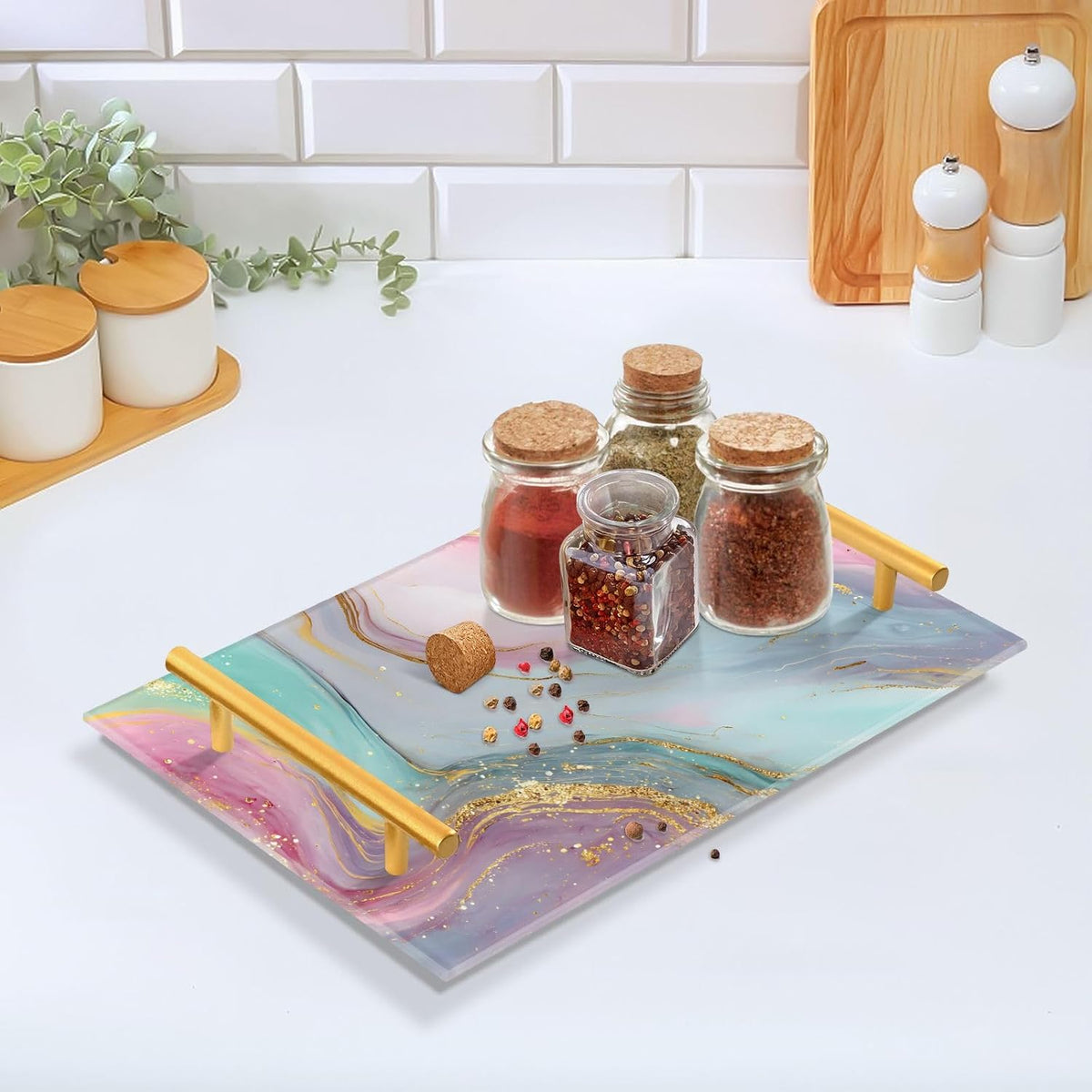 Teal Pink Marble Texture Bathroom Perfume Vanity Tray Acrylic Serving Tray with Handles Decorative Party Platters for Coffee Tea Table Kitchen Countertop