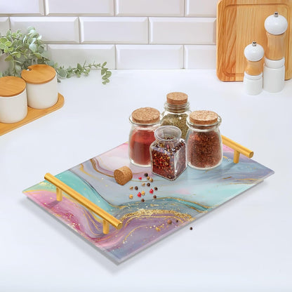 Teal Pink Marble Texture Bathroom Perfume Vanity Tray Acrylic Serving Tray with Handles Decorative Party Platters for Coffee Tea Table Kitchen Countertop