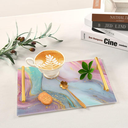 Teal Pink Marble Texture Bathroom Perfume Vanity Tray Acrylic Serving Tray with Handles Decorative Party Platters for Coffee Tea Table Kitchen Countertop