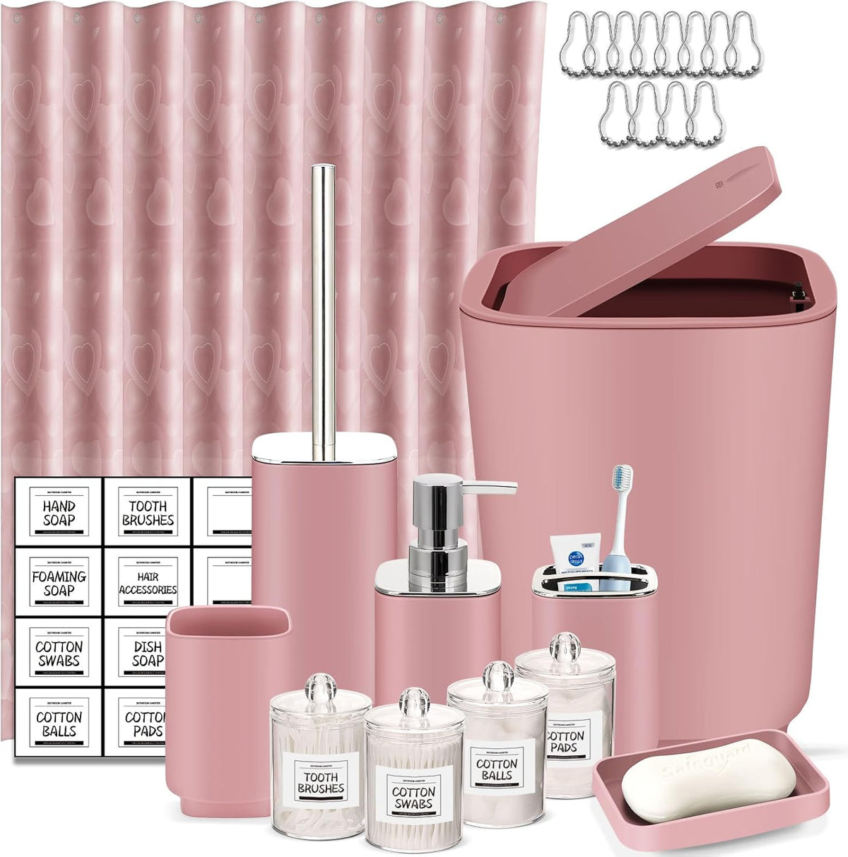 Pink Bathroom Accessories Set with Shower Curtain,23 Piece Bathroom Set,Tray,Trash Can,Soap Dispenser,Soap Dish,Toothbrush Holder,Toothbrush Cup,Toilet Brush and Qtip Holders