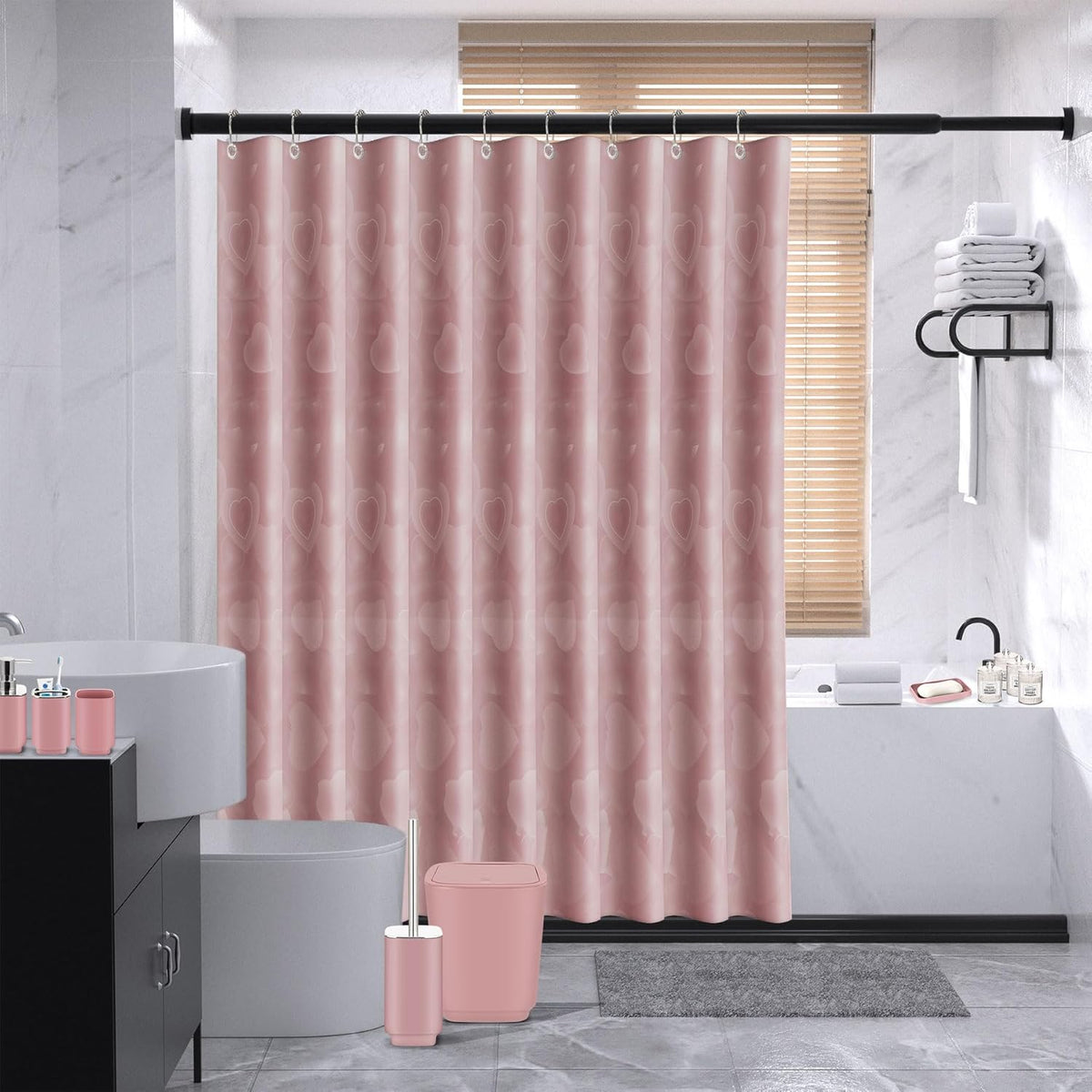 Pink Bathroom Accessories Set with Shower Curtain,23 Piece Bathroom Set,Tray,Trash Can,Soap Dispenser,Soap Dish,Toothbrush Holder,Toothbrush Cup,Toilet Brush and Qtip Holders