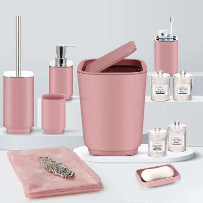 Pink Bathroom Accessories Set with Shower Curtain,23 Piece Bathroom Set,Tray,Trash Can,Soap Dispenser,Soap Dish,Toothbrush Holder,Toothbrush Cup,Toilet Brush and Qtip Holders