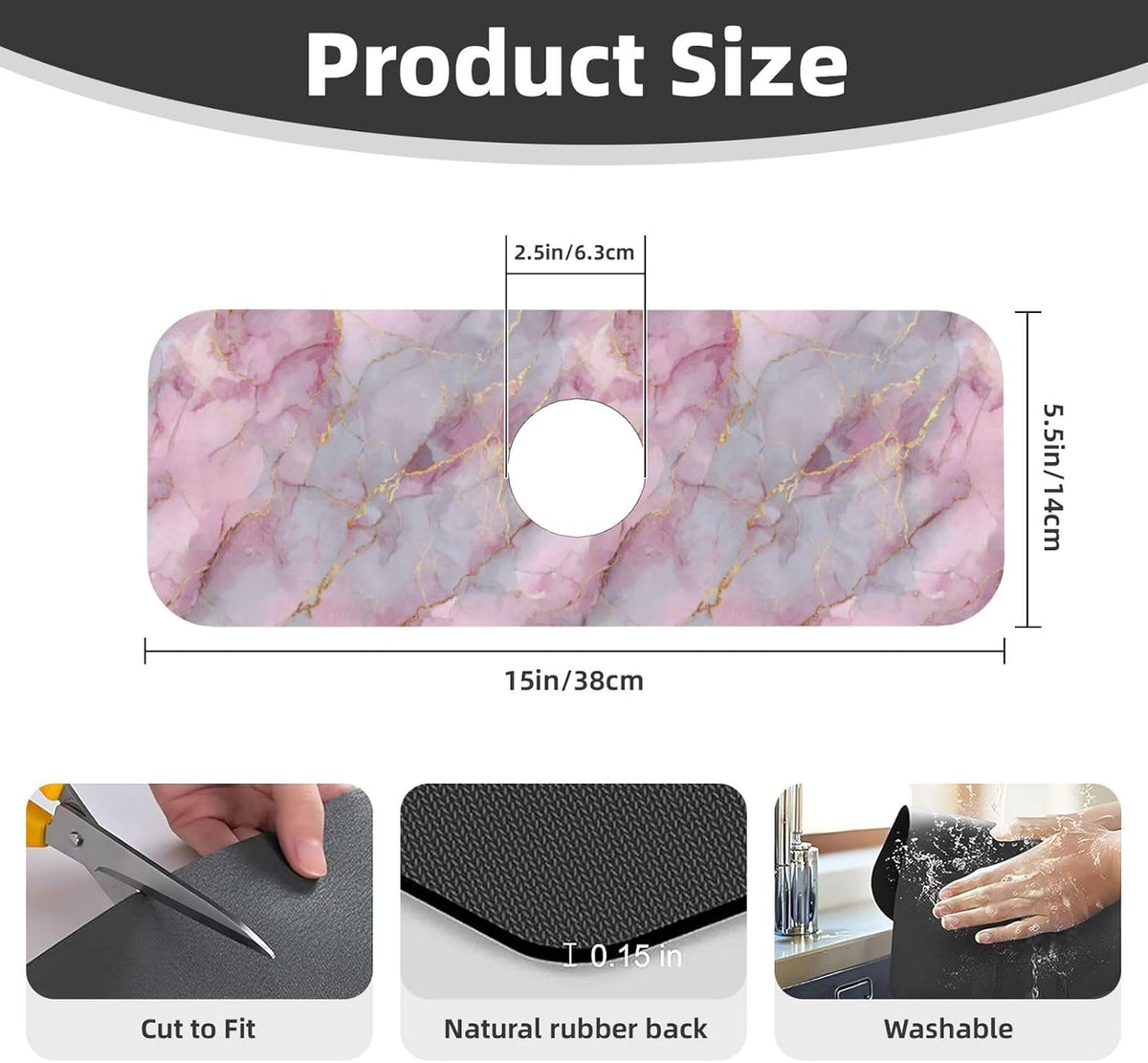 Light Pink Marble With Gold Faucet Mat Splash Guard, Absorbent Quick-Dry Kitchen Sink Mat,Ideal For Splash Guard Drip Catching