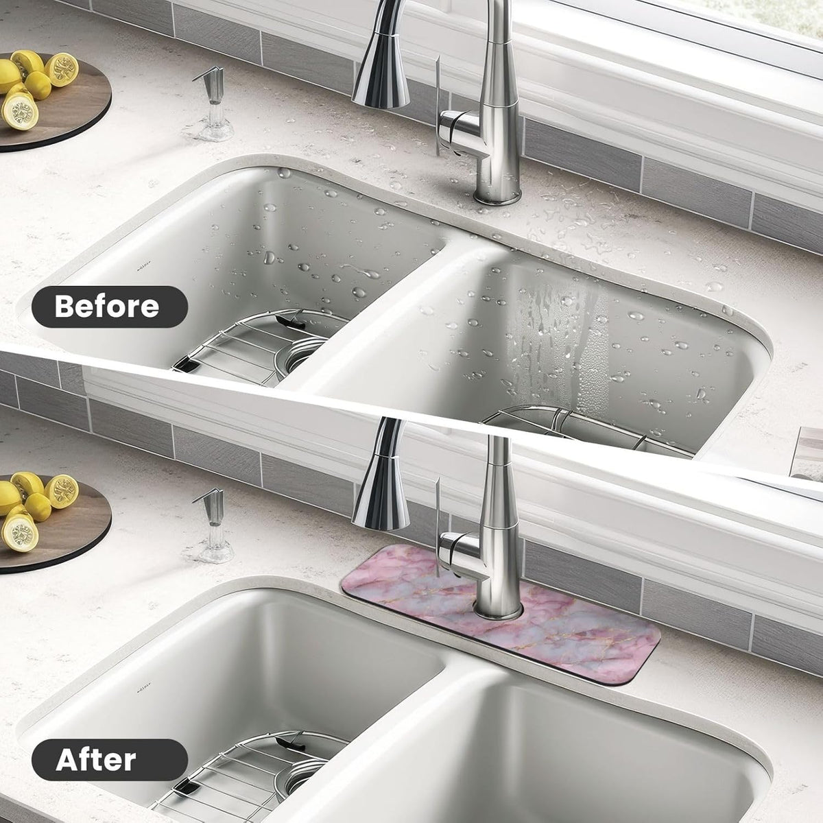 Light Pink Marble With Gold Faucet Mat Splash Guard, Absorbent Quick-Dry Kitchen Sink Mat,Ideal For Splash Guard Drip Catching