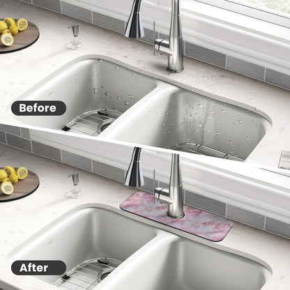 Light Pink Marble With Gold Faucet Mat Splash Guard, Absorbent Quick-Dry Kitchen Sink Mat,Ideal For Splash Guard Drip Catching