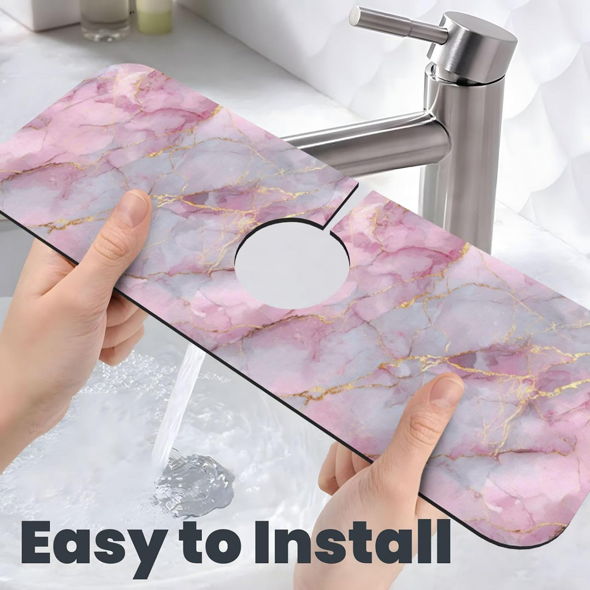Light Pink Marble With Gold Faucet Mat Splash Guard, Absorbent Quick-Dry Kitchen Sink Mat,Ideal For Splash Guard Drip Catching