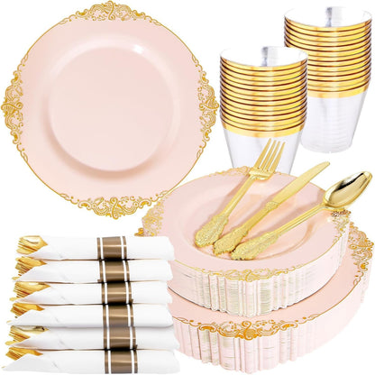 175Pcs Pink Plastic Plates, Disposable Party Plates for 25 Guests