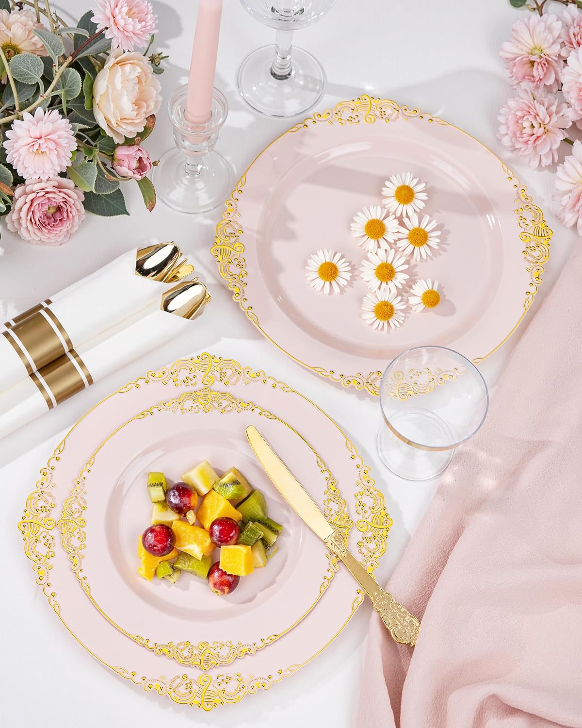 175Pcs Pink Plastic Plates, Disposable Party Plates for 25 Guests