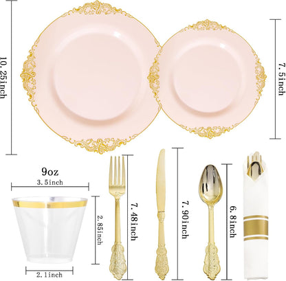 175Pcs Pink Plastic Plates, Disposable Party Plates for 25 Guests