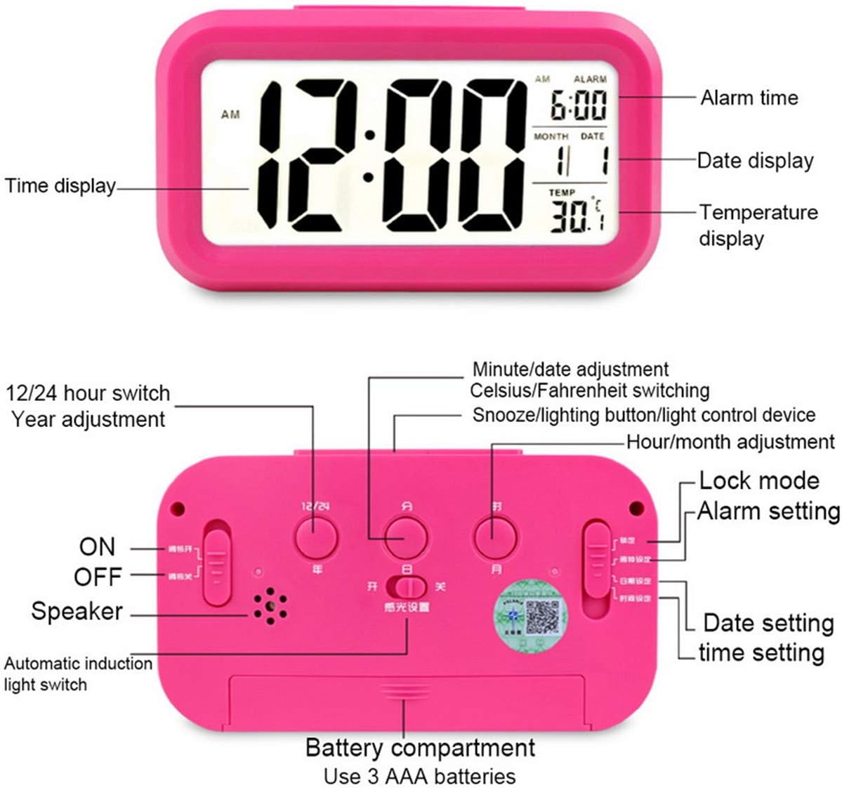 LED Digital Alarm Clock Backlight Snooze Mute Calendar Desktop Electronic Bcaklight Table Clocks Desktop Clock (Pink)