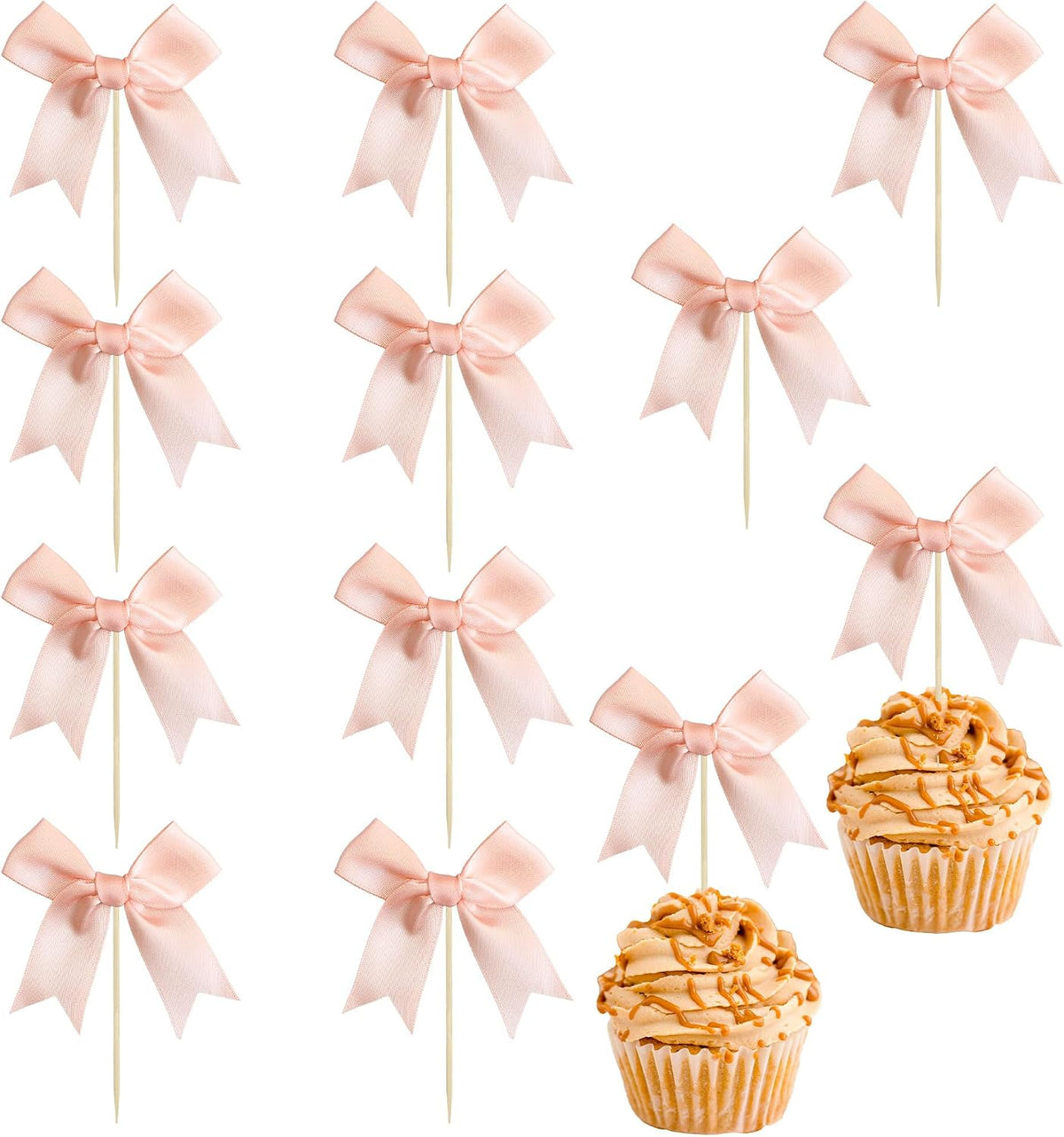 24Pcs Pink Bow Cupcake Toppers Pink Bow Cake Topper Birthday Decorations, Mini Bowknot Cupcake Picks for Coquette Theme Party Decoration Bachelorette Bridal Engagement Wedding Party Peach Pink