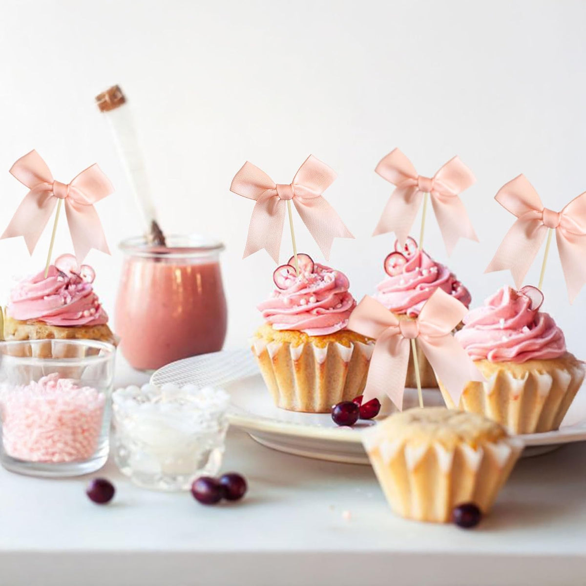 24Pcs Pink Bow Cupcake Toppers Pink Bow Cake Topper Birthday Decorations, Mini Bowknot Cupcake Picks for Coquette Theme Party Decoration Bachelorette Bridal Engagement Wedding Party Peach Pink