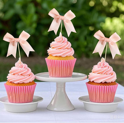 24Pcs Pink Bow Cupcake Toppers Pink Bow Cake Topper Birthday Decorations, Mini Bowknot Cupcake Picks for Coquette Theme Party Decoration Bachelorette Bridal Engagement Wedding Party Peach Pink