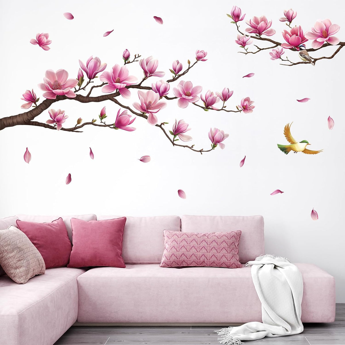 Pink Magnolia Flower Wall Decal, Tree Branch Sticker Living Room