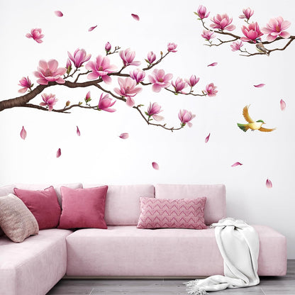 Pink Magnolia Flower Wall Decal, Tree Branch Sticker Living Room