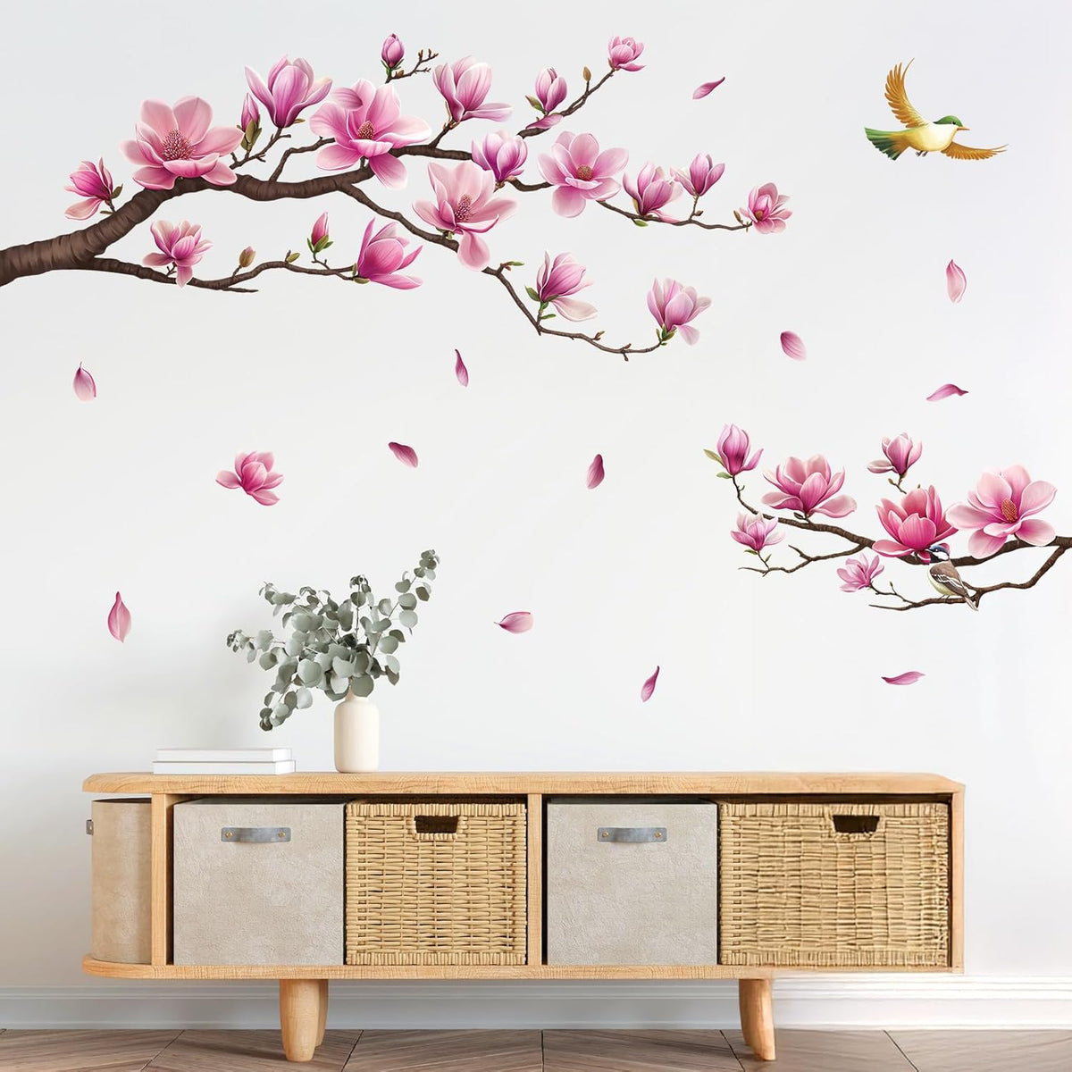 Pink Magnolia Flower Wall Decal, Tree Branch Sticker Living Room