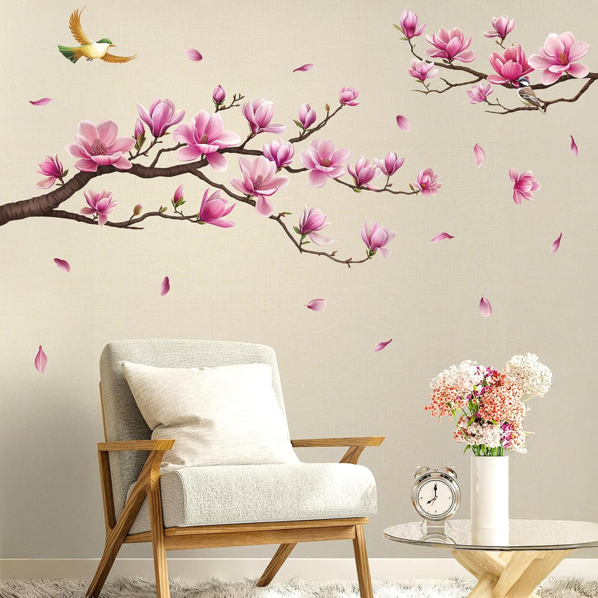 Pink Magnolia Flower Wall Decal, Tree Branch Sticker Living Room