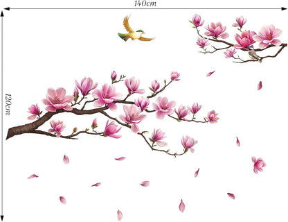 Pink Magnolia Flower Wall Decal, Tree Branch Sticker Living Room