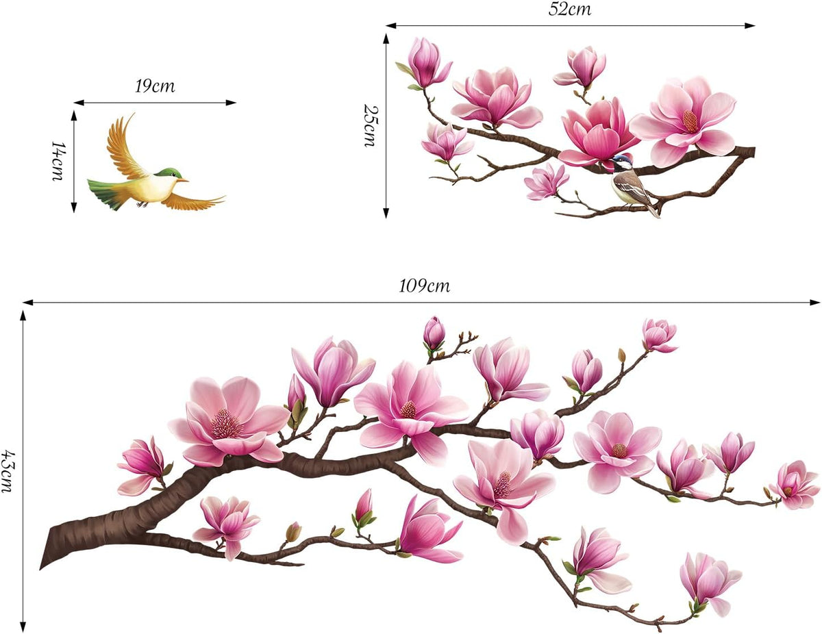 Pink Magnolia Flower Wall Decal, Tree Branch Sticker Living Room