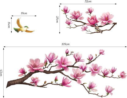 Pink Magnolia Flower Wall Decal, Tree Branch Sticker Living Room
