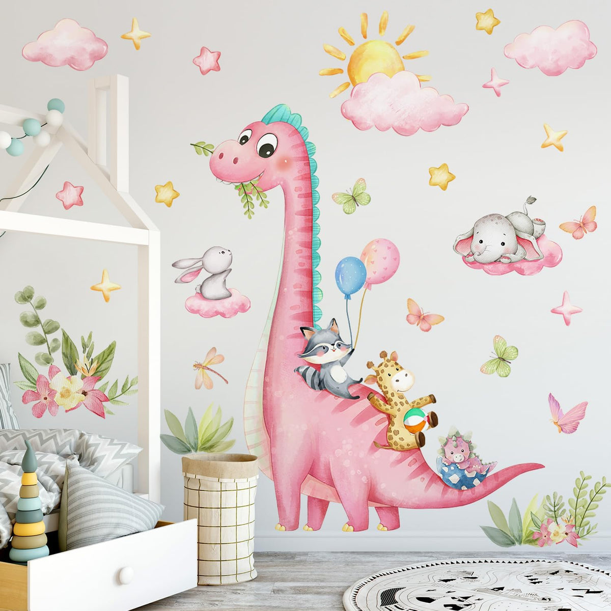 Large Dinosaur Wall Decals Pink Dino Wall Stickers for Baby Girls Room Removable Jungle Animal Dino Wall Mural with Cloud Plants Kids Toddler Nursery Bedroom Decor B15502