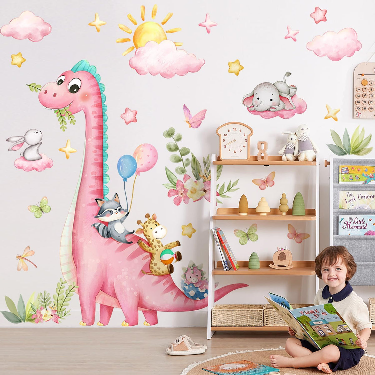 Large Dinosaur Wall Decals Pink Dino Wall Stickers for Baby Girls Room Removable Jungle Animal Dino Wall Mural with Cloud Plants Kids Toddler Nursery Bedroom Decor B15502