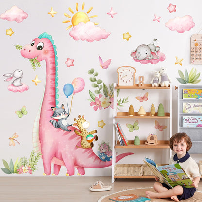 Large Dinosaur Wall Decals Pink Dino Wall Stickers for Baby Girls Room Removable Jungle Animal Dino Wall Mural with Cloud Plants Kids Toddler Nursery Bedroom Decor B15502