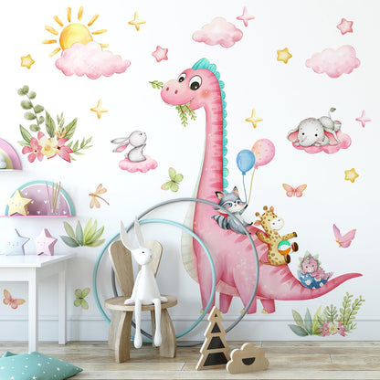 Large Dinosaur Wall Decals Pink Dino Wall Stickers for Baby Girls Room Removable Jungle Animal Dino Wall Mural with Cloud Plants Kids Toddler Nursery Bedroom Decor B15502