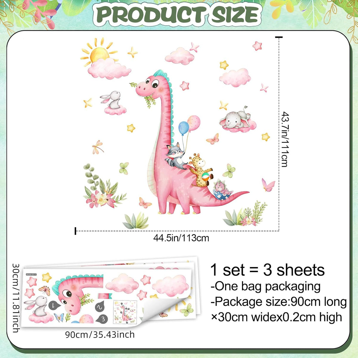 Large Dinosaur Wall Decals Pink Dino Wall Stickers for Baby Girls Room Removable Jungle Animal Dino Wall Mural with Cloud Plants Kids Toddler Nursery Bedroom Decor B15502