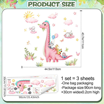 Large Dinosaur Wall Decals Pink Dino Wall Stickers for Baby Girls Room Removable Jungle Animal Dino Wall Mural with Cloud Plants Kids Toddler Nursery Bedroom Decor B15502