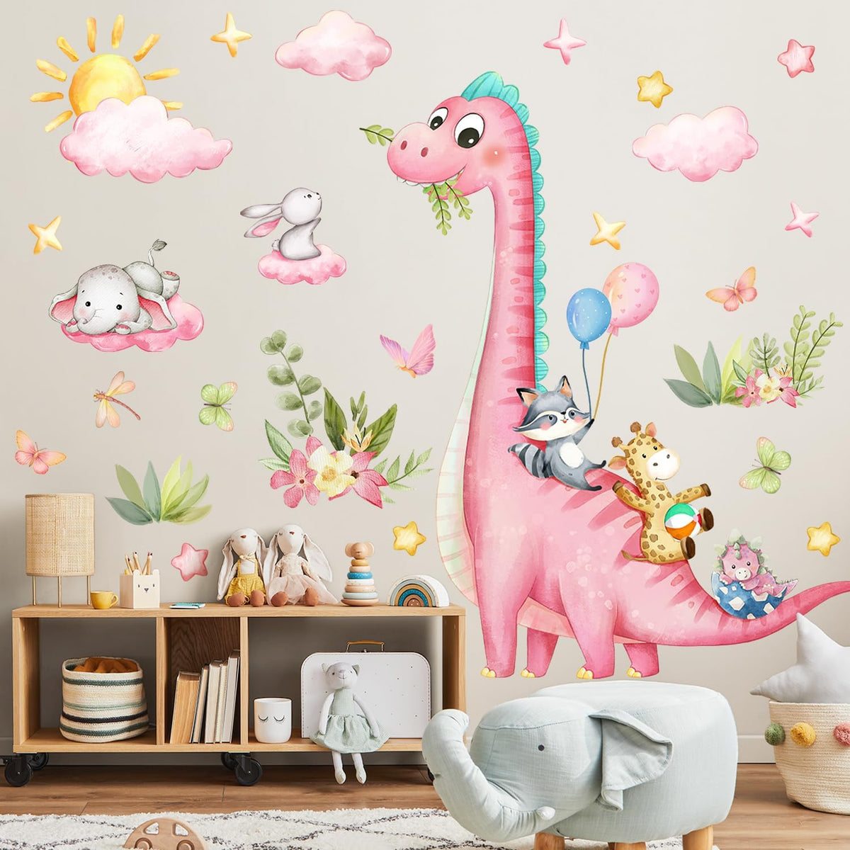 Large Dinosaur Wall Decals Pink Dino Wall Stickers for Baby Girls Room Removable Jungle Animal Dino Wall Mural with Cloud Plants Kids Toddler Nursery Bedroom Decor B15502