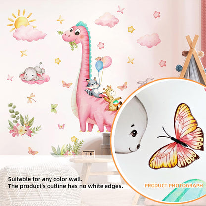 Large Dinosaur Wall Decals Pink Dino Wall Stickers for Baby Girls Room Removable Jungle Animal Dino Wall Mural with Cloud Plants Kids Toddler Nursery Bedroom Decor B15502