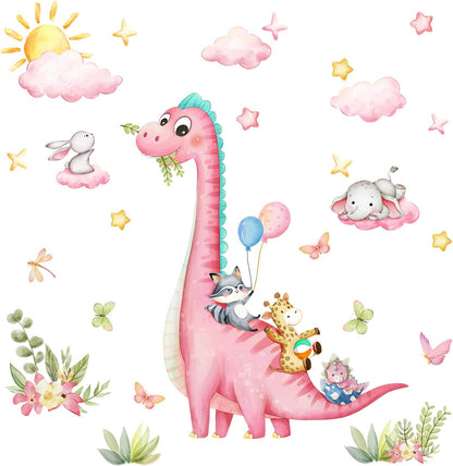 Large Dinosaur Wall Decals Pink Dino Wall Stickers for Baby Girls Room Removable Jungle Animal Dino Wall Mural with Cloud Plants Kids Toddler Nursery Bedroom Decor B15502