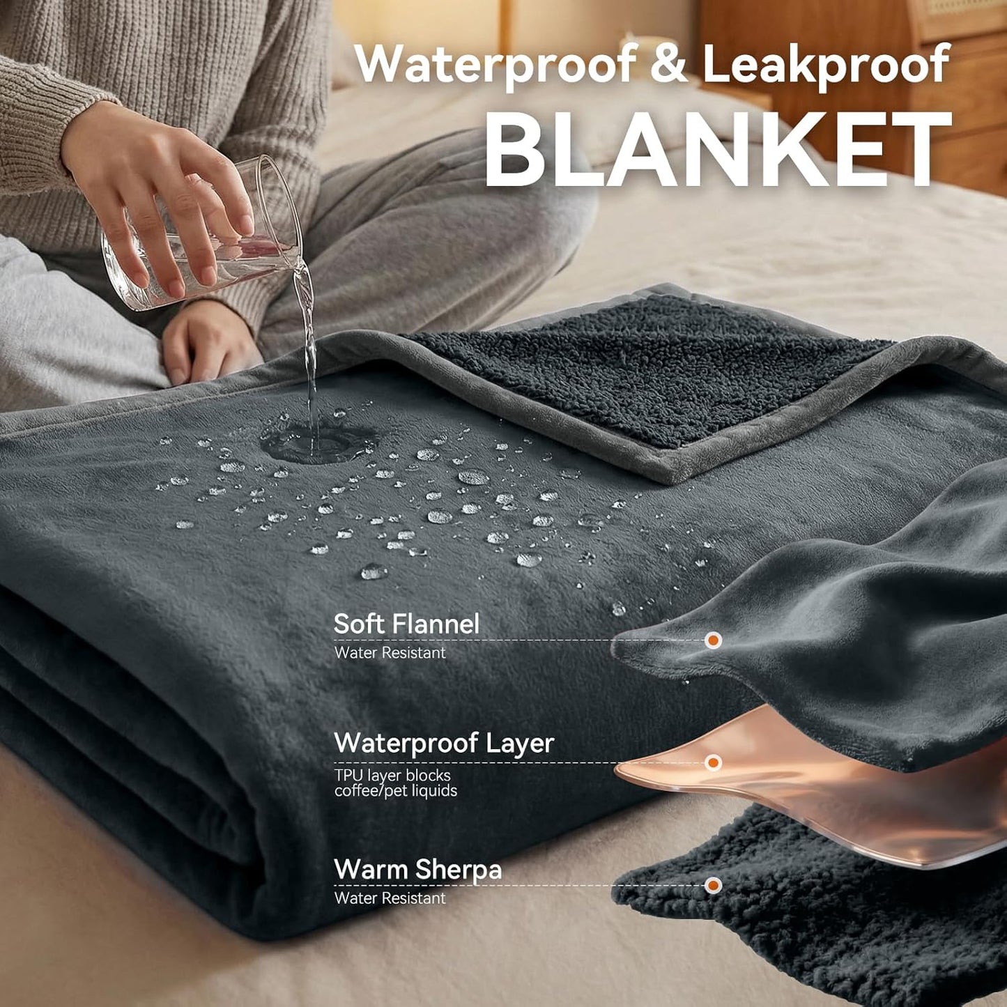 Waterproof Blanket for Bed - Blanket with Waterproof & Stain Proof, Splash Resistant, Machine-Washable Flannel is Soft and Comfortable, Suitable for Sofa (40"x60", Silver Gray/Dark Gray)
